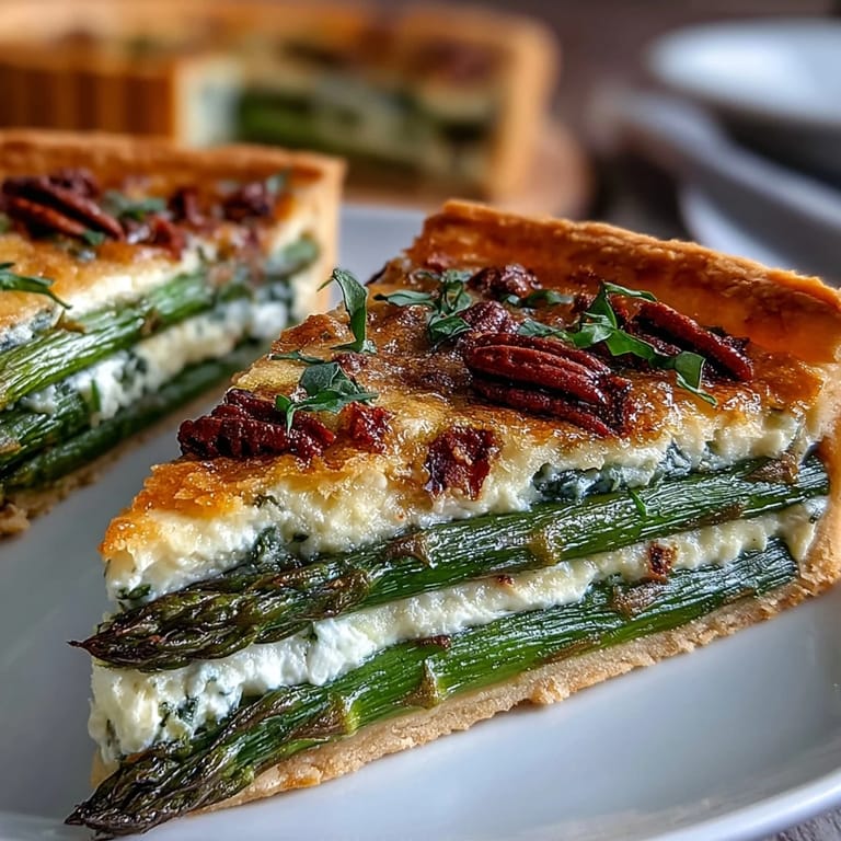 Frische Spargelstangen auf cremiger Käsemasse, dekoriert mit Kräutern und goldenem Blätterteig.