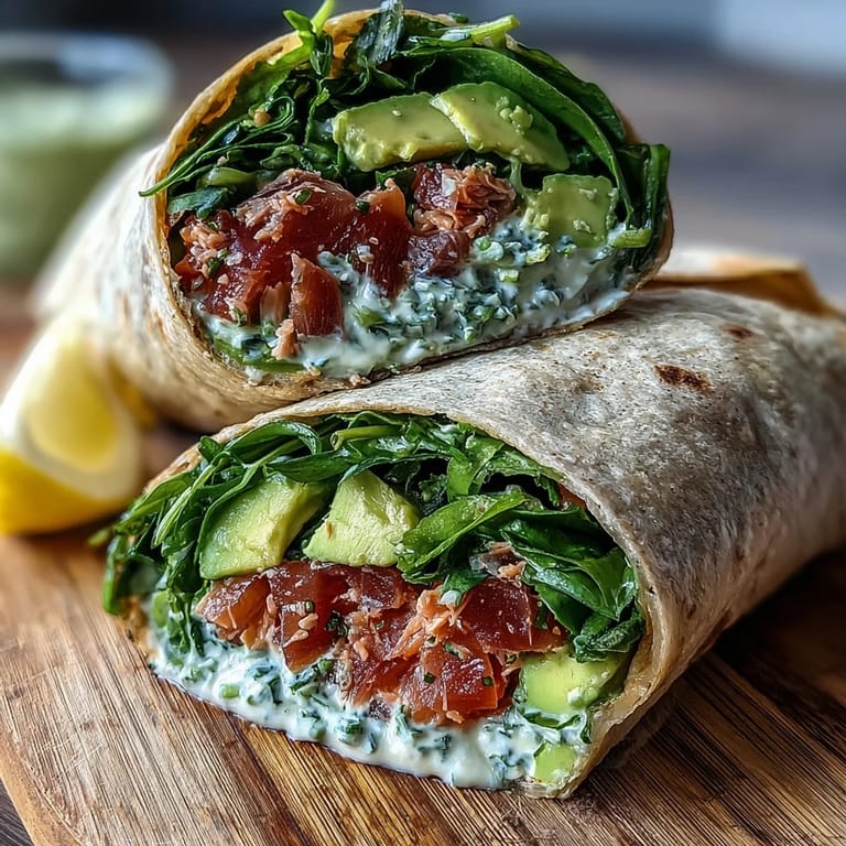 1. Gesunde, einfache 5-Zutaten-Avocado-Thunfisch-Wraps mit cremiger Avocado und frischem Spinat in Vollkorn-Tortillas.