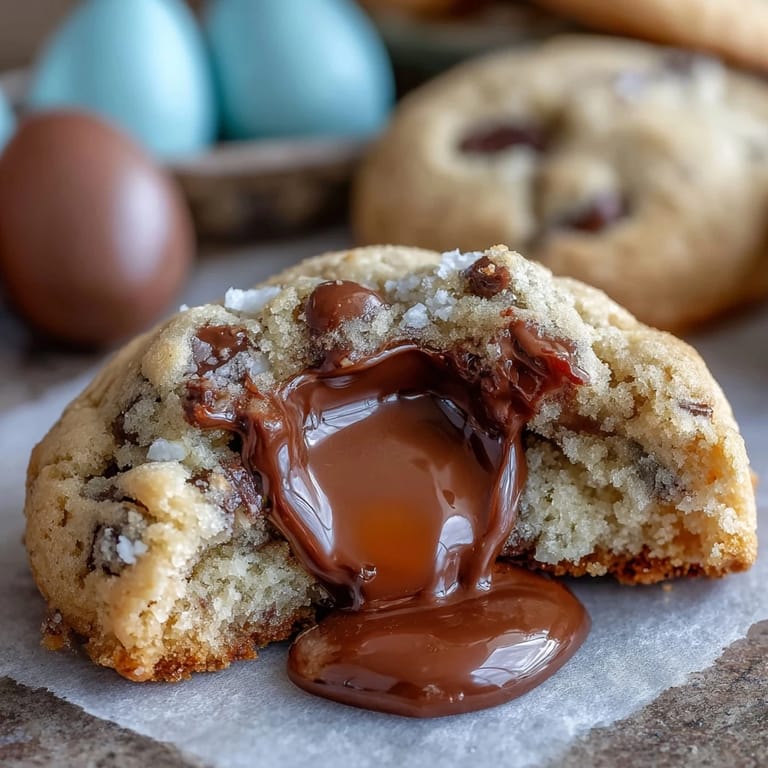 1. Große, weiche Schokoladenkekse mit geschmolzenem Cadbury Creme Egg Kern, perfekt für ein festliches Dessert.
