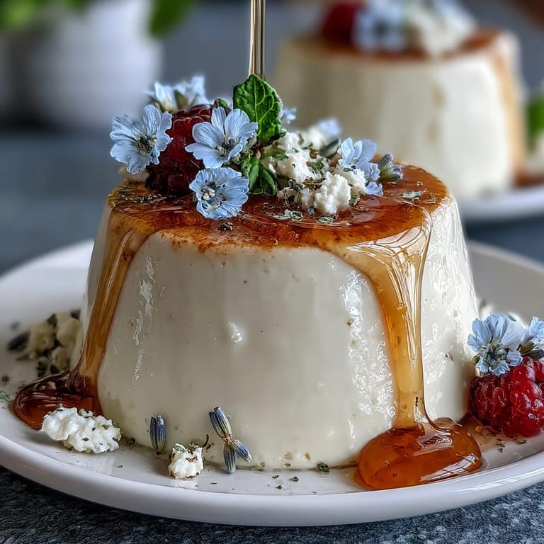 Süße Honig-Lavendel-Panna Cotta in Gläsern serviert, garniert mit frischen essbaren Blüten und Beeren.