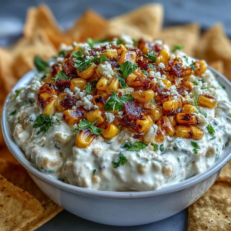 Creamy mexikanischer Elote-Dip mit Cotija-Käse und frischem Koriander, serviert mit goldenen Tortilla-Chips.