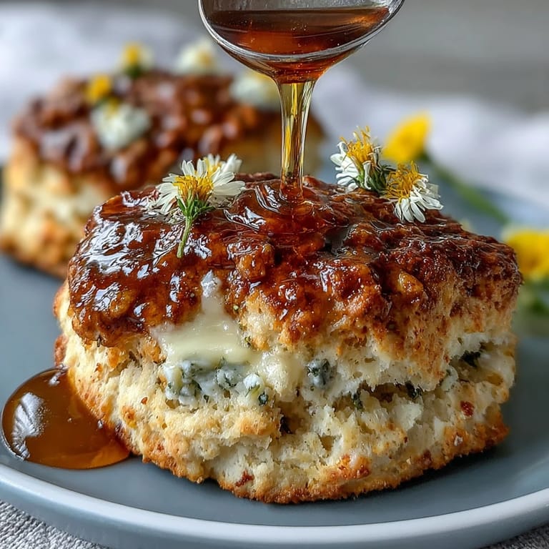 Duftende Scones, gefüllt mit frischen Löwenzahnblüten und Honig, goldbraun gebacken und mit Clotted Cream garniert.