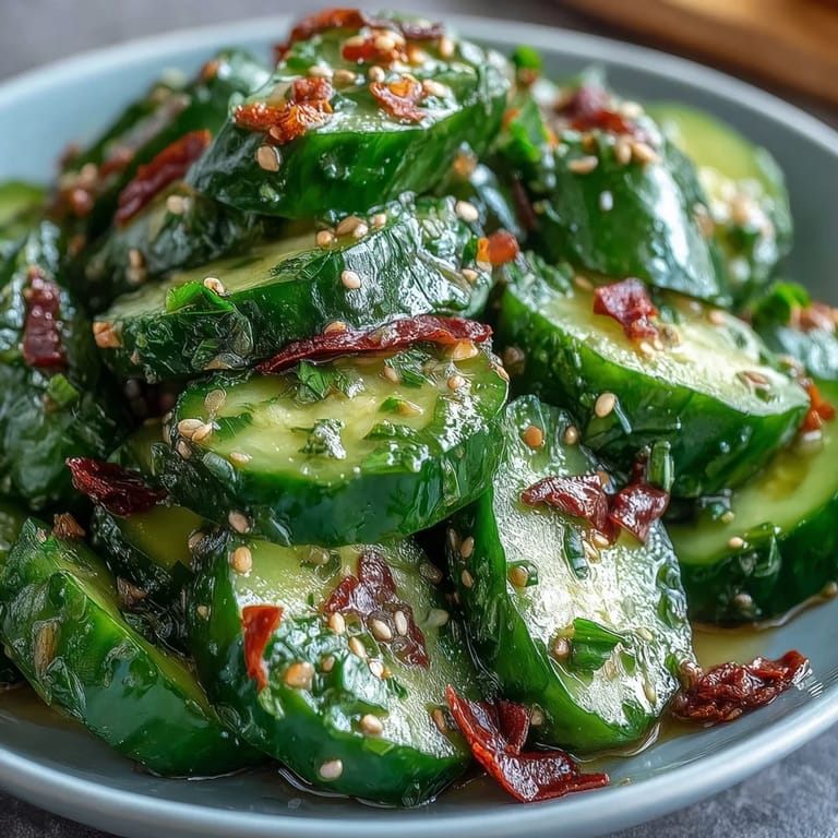 Knackiger Salat mit zerbrochenen Gurken, garniert mit Knoblauch-Chili-Öl und frischem Koriander.  