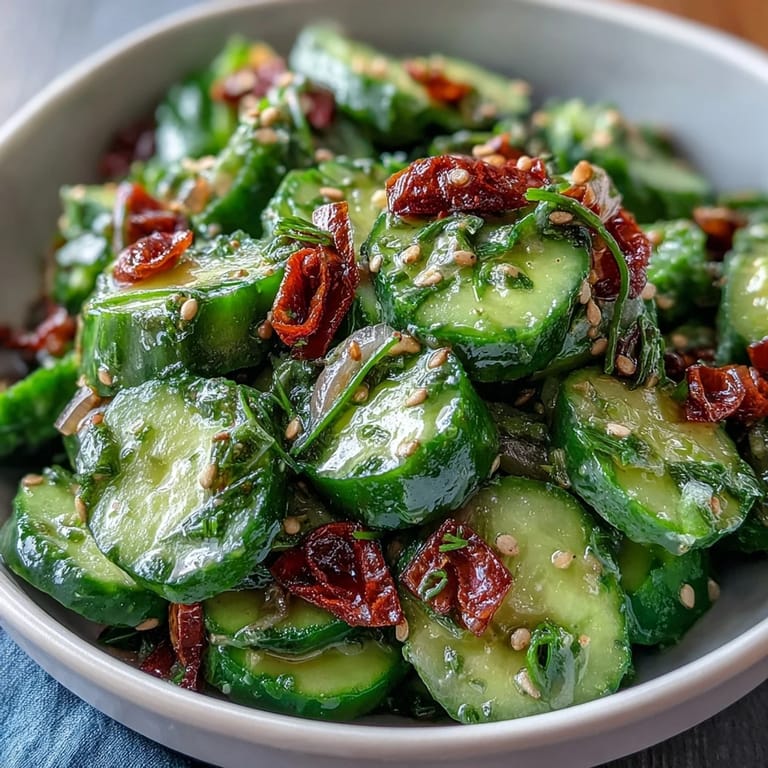 Knackiger Salat mit zerbrochenen Gurken, garniert mit Knoblauch-Chili-Öl und frischem Koriander.