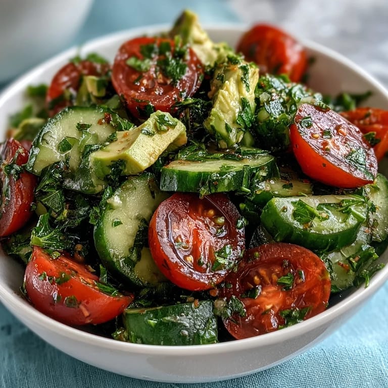 2. Bunter Sommersalat mit cremiger Avocado, knackigen Gurken und saftigen Tomaten in Zitronenvinaigrette.
