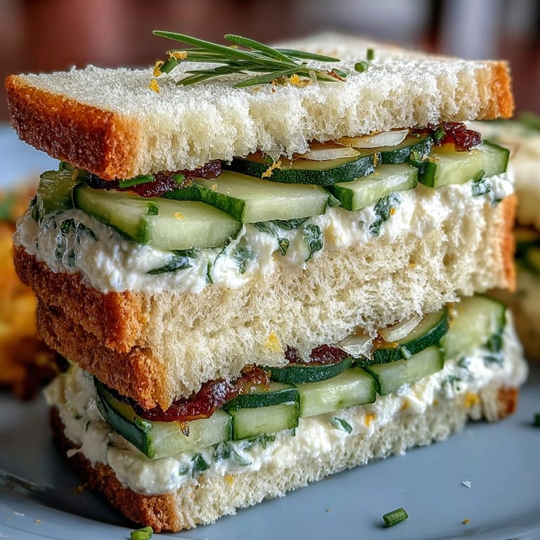 Kleine Sandwiches mit heller Zitronenbutter, garniert mit Gurke und Kräutern für einen frischen Geschmack.