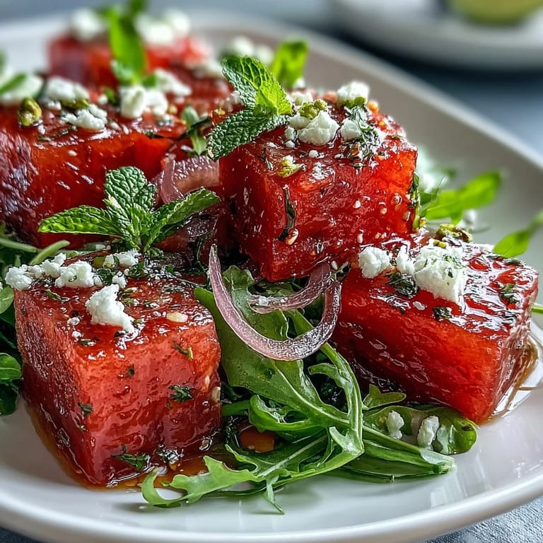 Sommerlicher Wassermelonen-Rucolasalat mit fruchtiger Süße und pfeffrigem Rucola serviert.