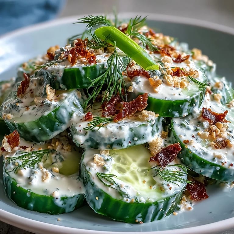 Kühl und erfrischend: Gurkensalat mit cremigem Everything Bagel Dressing und frischem Dill.  