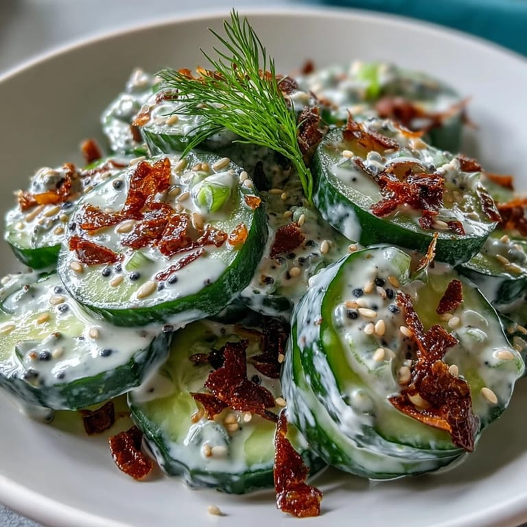 Leuchtend grüne Gurken mit cremigem Dressing und knusprigem Everything Bagel Topping.