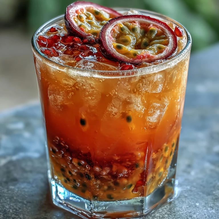 Farbenfrohe Schichtung aus Passionsfrucht-, Orangensaft und Grenadine, die einen Sonnenaufgangseffekt im Glas erzeugt.