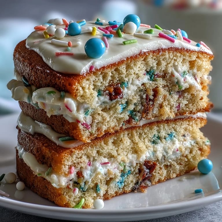 Festlicher Funfetti Dip Kuchen mit luftigen Schichten und fröhlichen Streuseln, perfekt für Frühlingsgeburtstage.