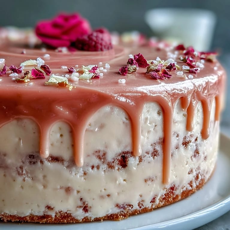 Ein eleganter Rosé-Samtkuchen mit glänzendem Gold-Drip, dekoriert für einen unvergesslichen Braut-Shower-Moment.