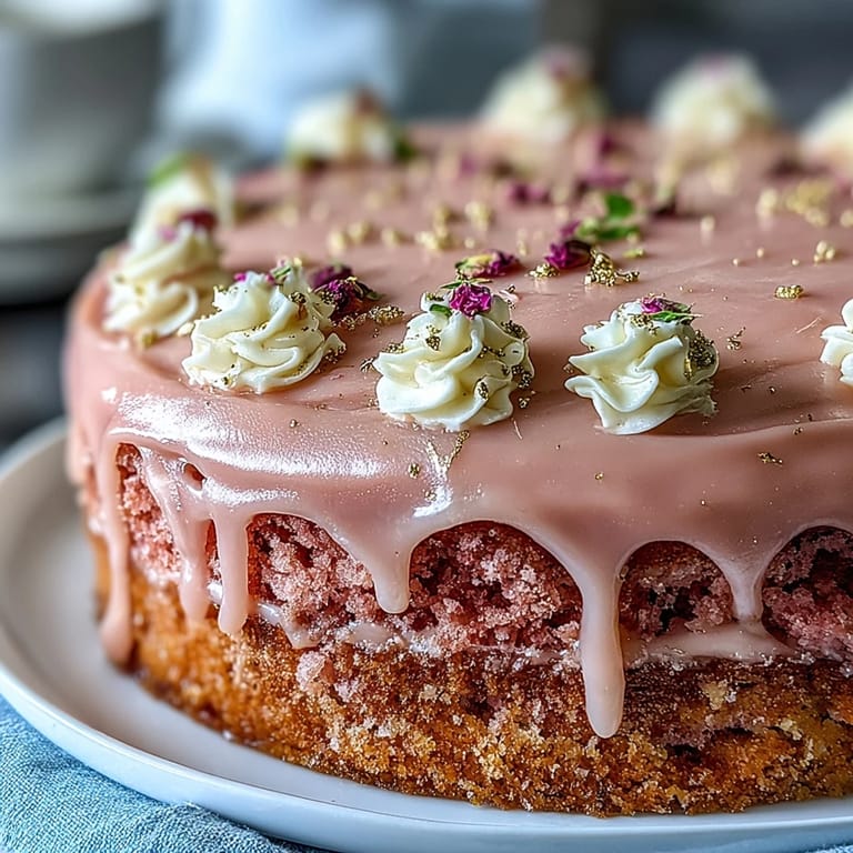 Rosé Samt Kuchen mit Gold Tropf, zarter rosa Samt Kuchen mit Rosé Wein Geschmack, gekrönt mit reichhaltiger Frischkäse Glasur und glänzendem Gold Tropf Dekor.  