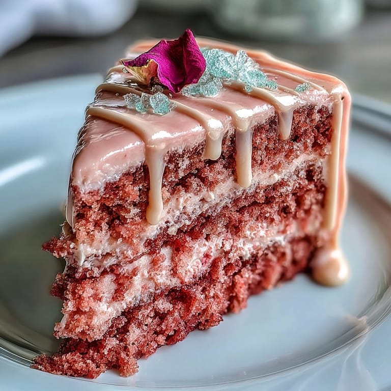 Elegantes rosa Rosé Velvet Cake mit schickem Gold-Drip, perfekt zum Servieren.