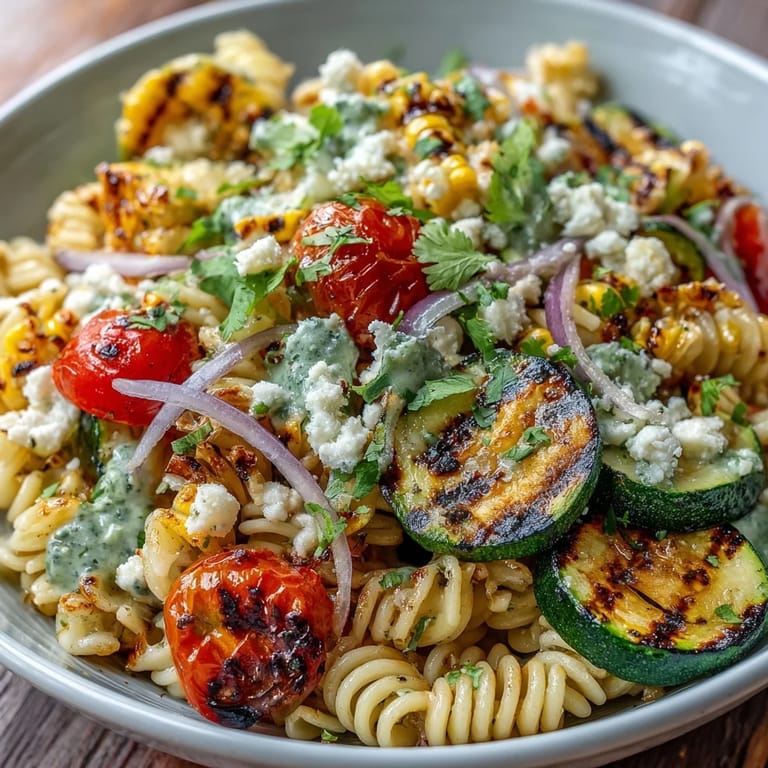 Pasta-Salat mit rauchiger Zucchini, süßem Mais und cremigem Cotija-Käse, verfeinert mit Zitronendressing.  
