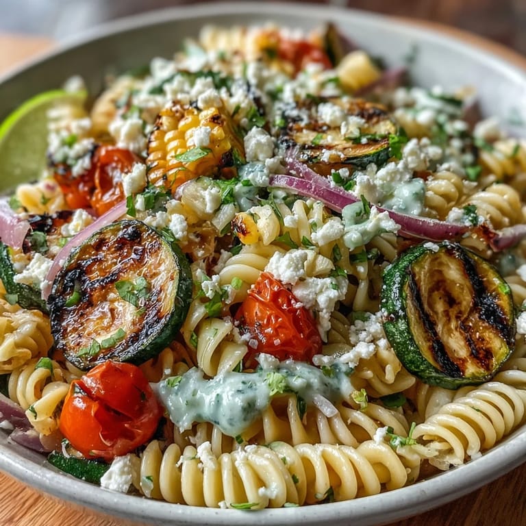 Lebhafter mexikanisch inspirierter Pasta-Salat mit gegrilltem Gemüse, Kirschtomaten und frischem Koriander.