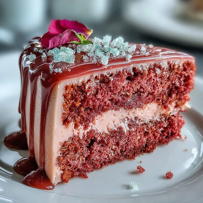Probieren Sie diesen zarten Rosé Velvet Cake mit verführerischem Gold-Drip-Finish.