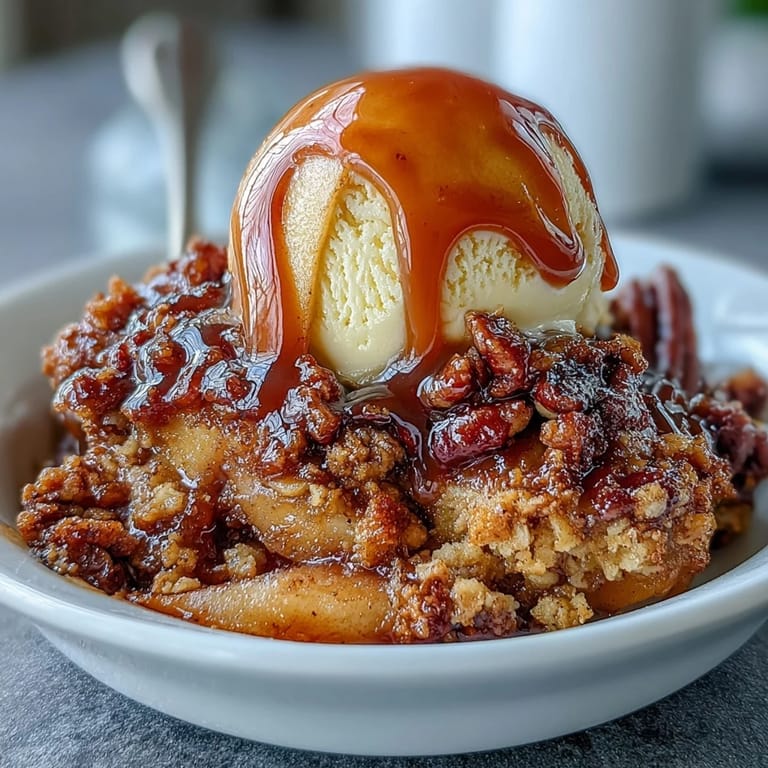 Genussvolles Whiskey Caramel Apple Crisp, warm und üppig serviert.