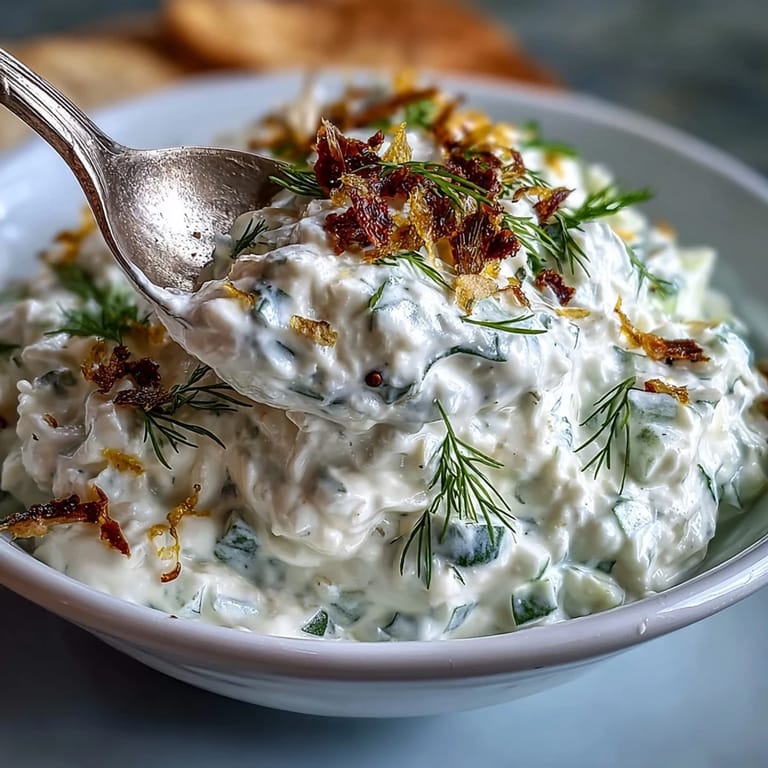 Erfrischender Skyr Tzatziki Dip mit Gurkenwürfeln und Dill, servierfertig als Vorspeise.