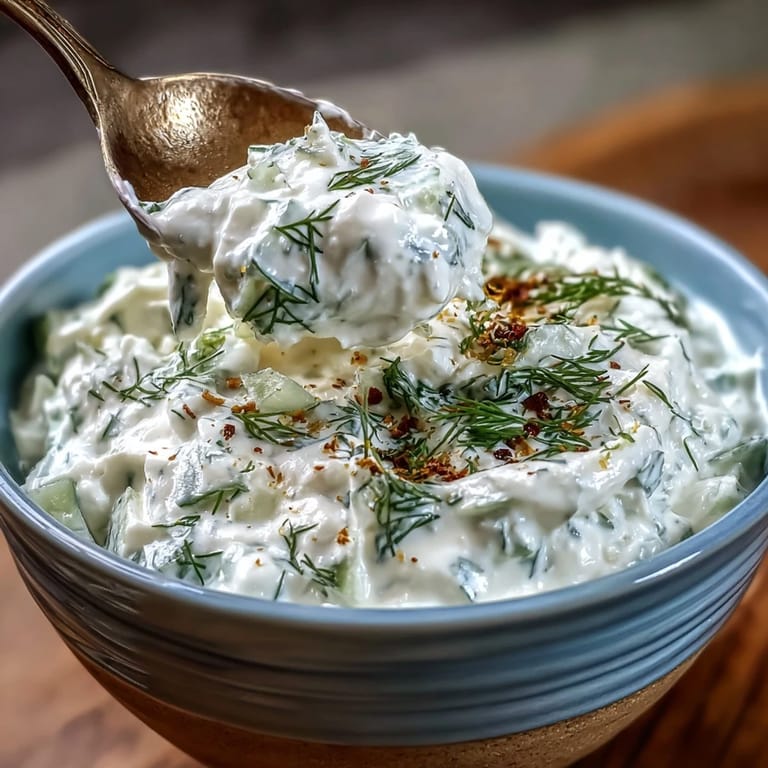 Leckerer Skyr Tzatziki Dip mit frischer Gurke und Dill, ein Genuss mit Brot.