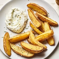 Golden, crispy oven-baked potatoes, perfectly seasoned, served alongside creamy herb quark.