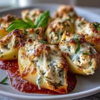 Pesto Chicken Stuffed Shells Lite, baked in zesty marinara with melted mozzarella and fresh basil garnish.