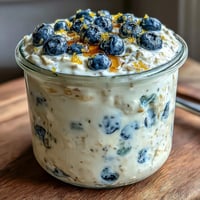 Kremige Overnight Oats mit Blaubeeren und Zitronenschale, perfekt für ein erfrischendes Frühstück.