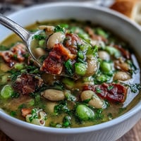 Köstliche, rustikale Suppe mit zartem Schinken, cremigen Limabohnen und perfekt gegarten Gemüse in einem Teller.