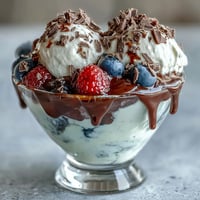 Fluffy Yogurt Berry Sundaes mit dunklen Schokoladenraspeln: cremige Joghurt-Schichten mit frischen Beeren und reichem Schokoladendekor.