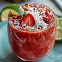 1. Ein erfrischender Erdbeer-Kokos-Daiquiri-Smoothie mit gefrorenen Erdbeeren, cremiger Kokosmilch und einem Hauch Limette.