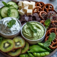 Festlicher Snack-Teller mit grünen Leckereien zum St. Patrick's Day, gefüllt mit frischem Obst, Gemüse und süßen Leckereien.