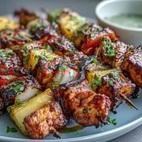 Grillspieße mit saftigem Hähnchenfleisch, süßer Ananas und buntem Paprika, perfekt für Sommergrillen.