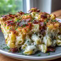 Creamiger Mac and Cheese mit knusprigen Speckbröseln – ein goldener, gebackener Klassiker mit rauchiger Note.