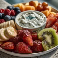 Eine lebendige Obstplatte in floraler Anordnung mit Joghurt-Dip, perfekt für Baby-Shower oder Frühlingsfeiern.