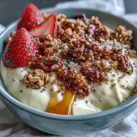 Frischer Cottage Cheese-Frühstücksbowl mit süßen Erdbeeren und knusprigem Granola