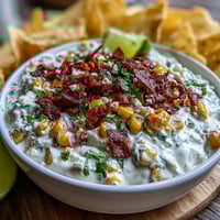 Köstlicher Elote-Dip mit knusprigen Tortilla-Chips, perfekt für Ihre nächste Fiesta.