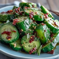 Knackiger Salat mit zerbrochenen Gurken, garniert mit Knoblauch-Chili-Öl und frischem Koriander.  