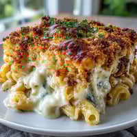 Creamy Mac and Cheese Bake mit goldener, knuspriger Kruste und cremigem Cheddar-Käse.  