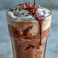 Ein dekadentes Schokoladen-Sahne-Kaltkaffee-Getränk mit luxuriöser Krönung serviert.