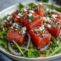Erfrischender Wassermelonen- und Rucolasalat mit cremigem Feta, perfekt für den Sommer.