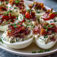 BLT Deviled Eggs mit knusprigem Speck, die cremige Füllung und frische Toppings zeigen.