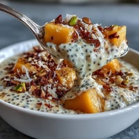 Cremiges Skyr Protein Chia Pudding mit Mango, Schichten von pürierter Mango und Chia.
